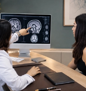 Neuróloga revisando imágenes cerebrales durante una valoración neurológica para estimulación cerebral profunda (DBS).